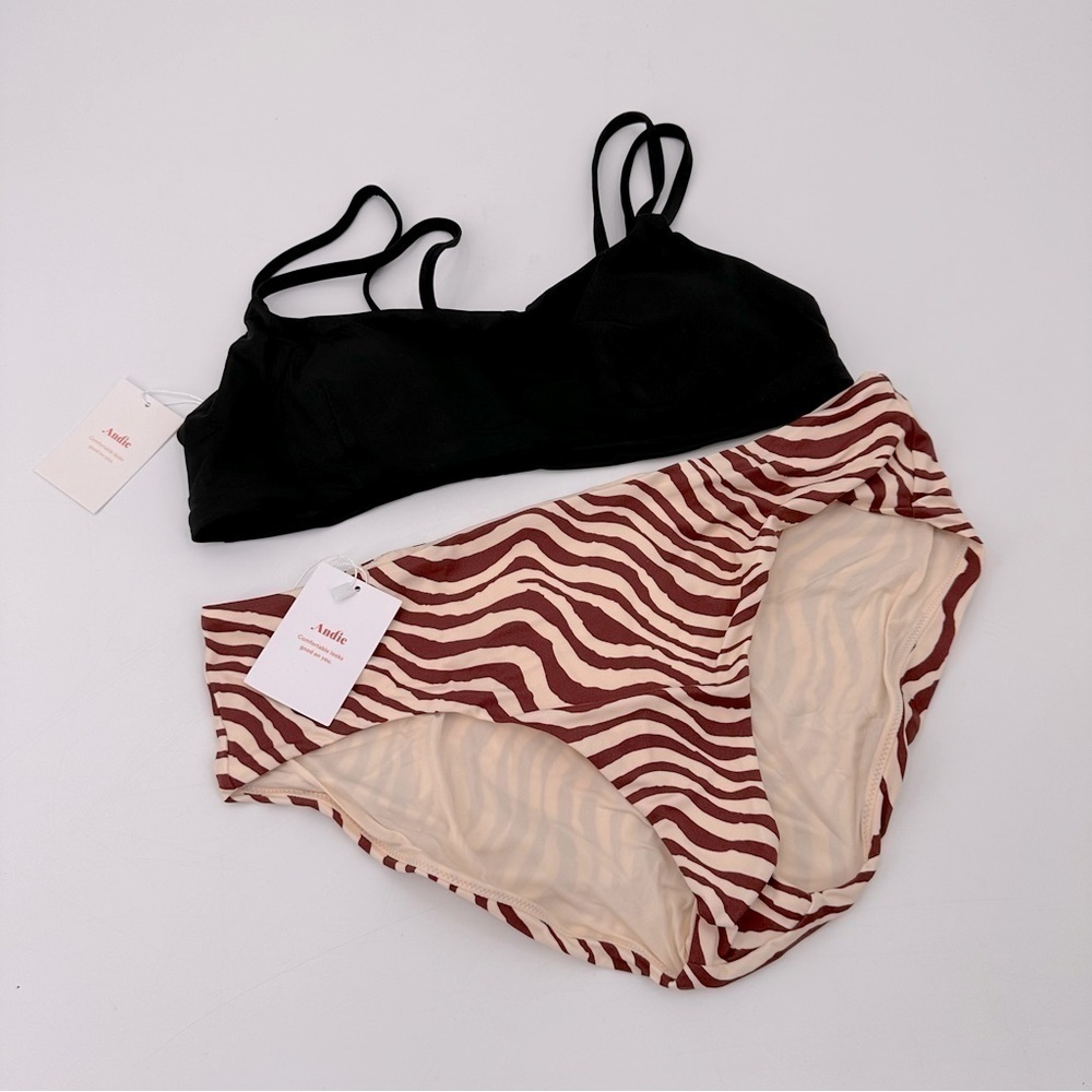 Andie Swim Bikini Black Rockaway Top + Stripe Hipster Bottom Size Large NEW